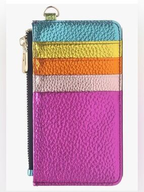CEZIRA Metallic Rainbow Striped Card Wallet Wristlet Lanyard Zip Pouch NWT
